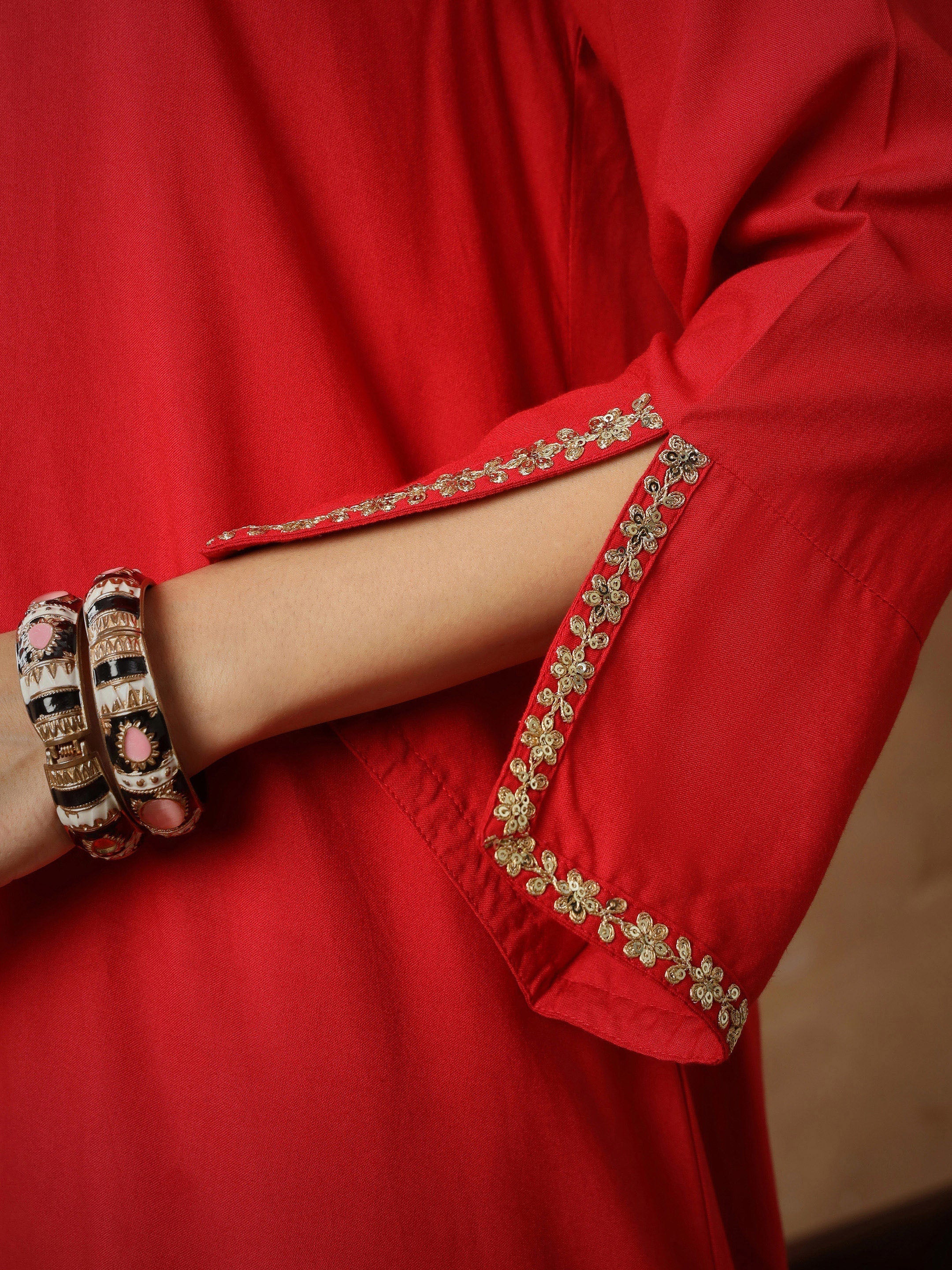 Women Red Embroidered A-Line Top With Pants-SHSET96537