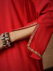 Women Red Embroidered A-Line Top With Pants-SHSET96537