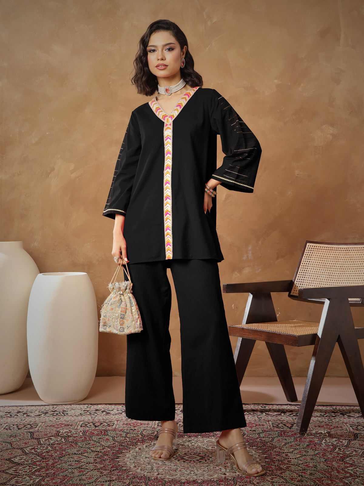Women Black Embroidered A-Line Top With Straight Pants-SHSET96538