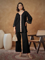 Women Black Embroidered A-Line Top With Straight Pants-SHSET96538