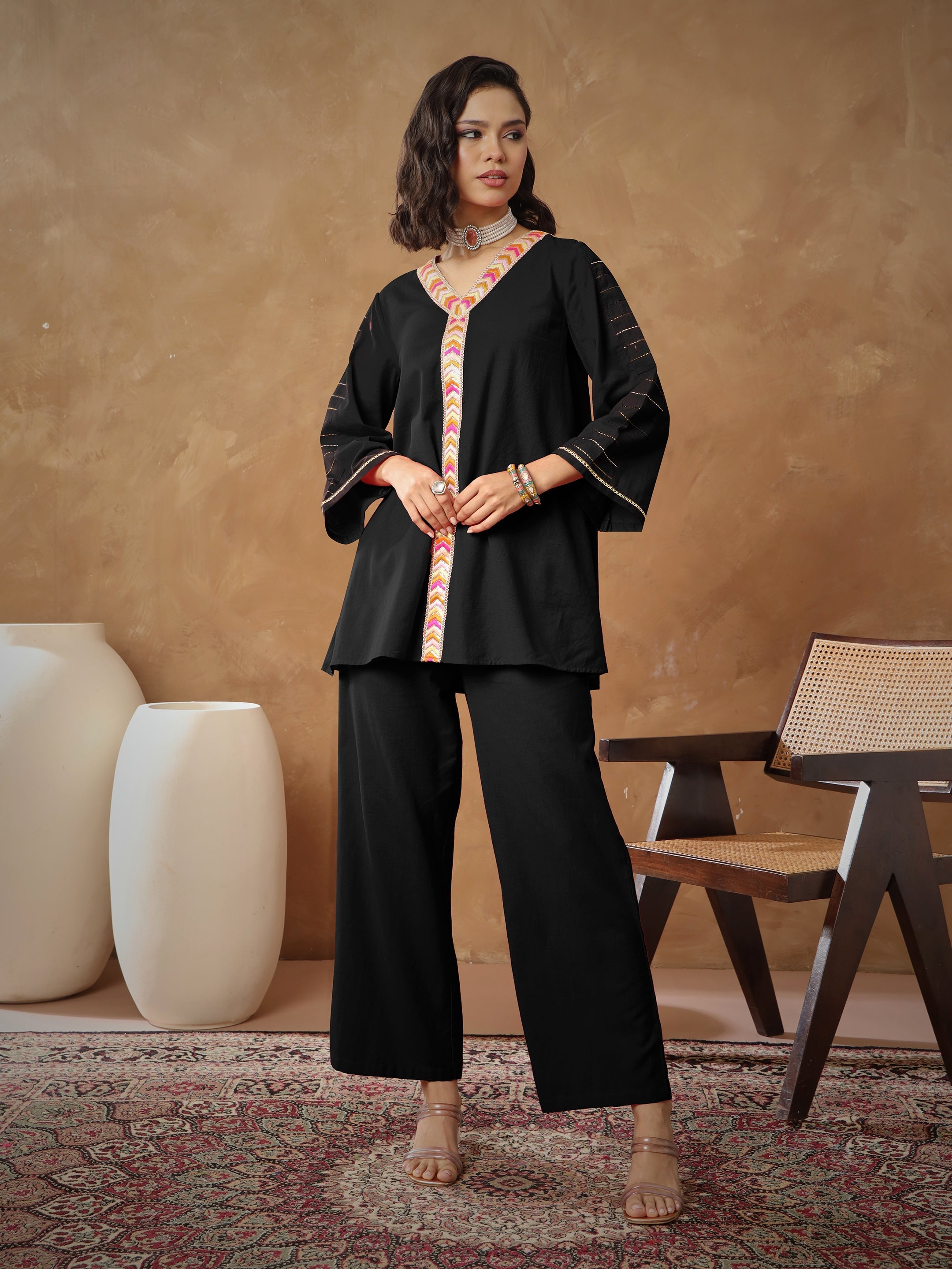 Women Black Embroidered A-Line Top With Straight Pants-SHSET96538