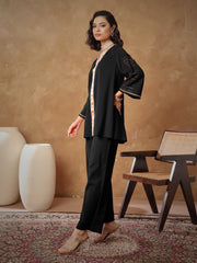 Women Black Embroidered A-Line Top With Straight Pants-SHSET96538