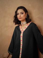 Women Black Embroidered A-Line Top With Straight Pants-SHSET96538