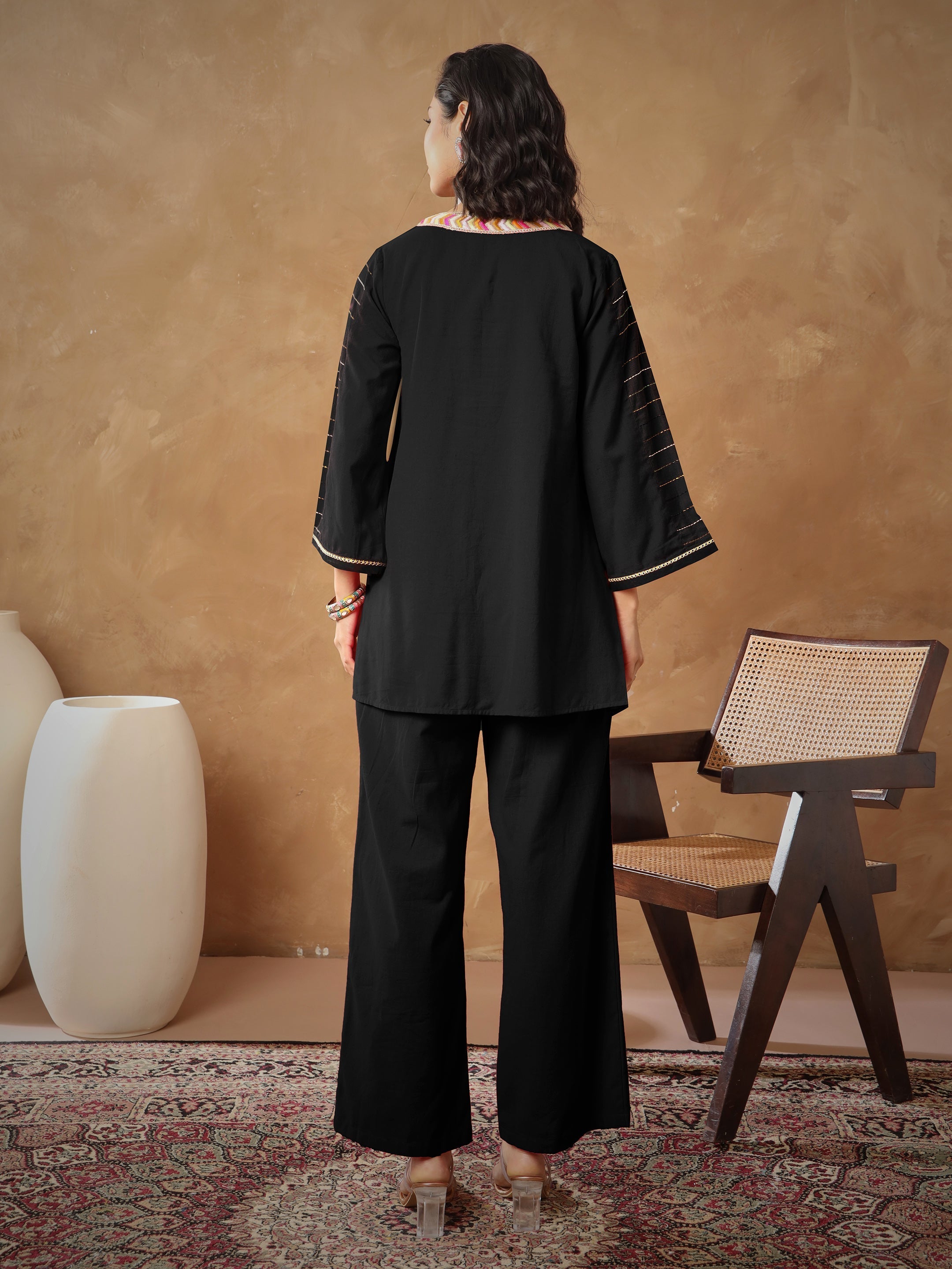 Women Black Embroidered A-Line Top With Straight Pants-SHSET96538