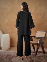 Women Black Embroidered A-Line Top With Straight Pants-SHSET96538