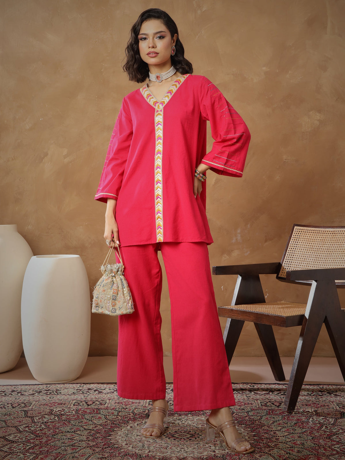 Women Fuchsia Embroidered A-Line Top With Straight Pants-SHSET96539