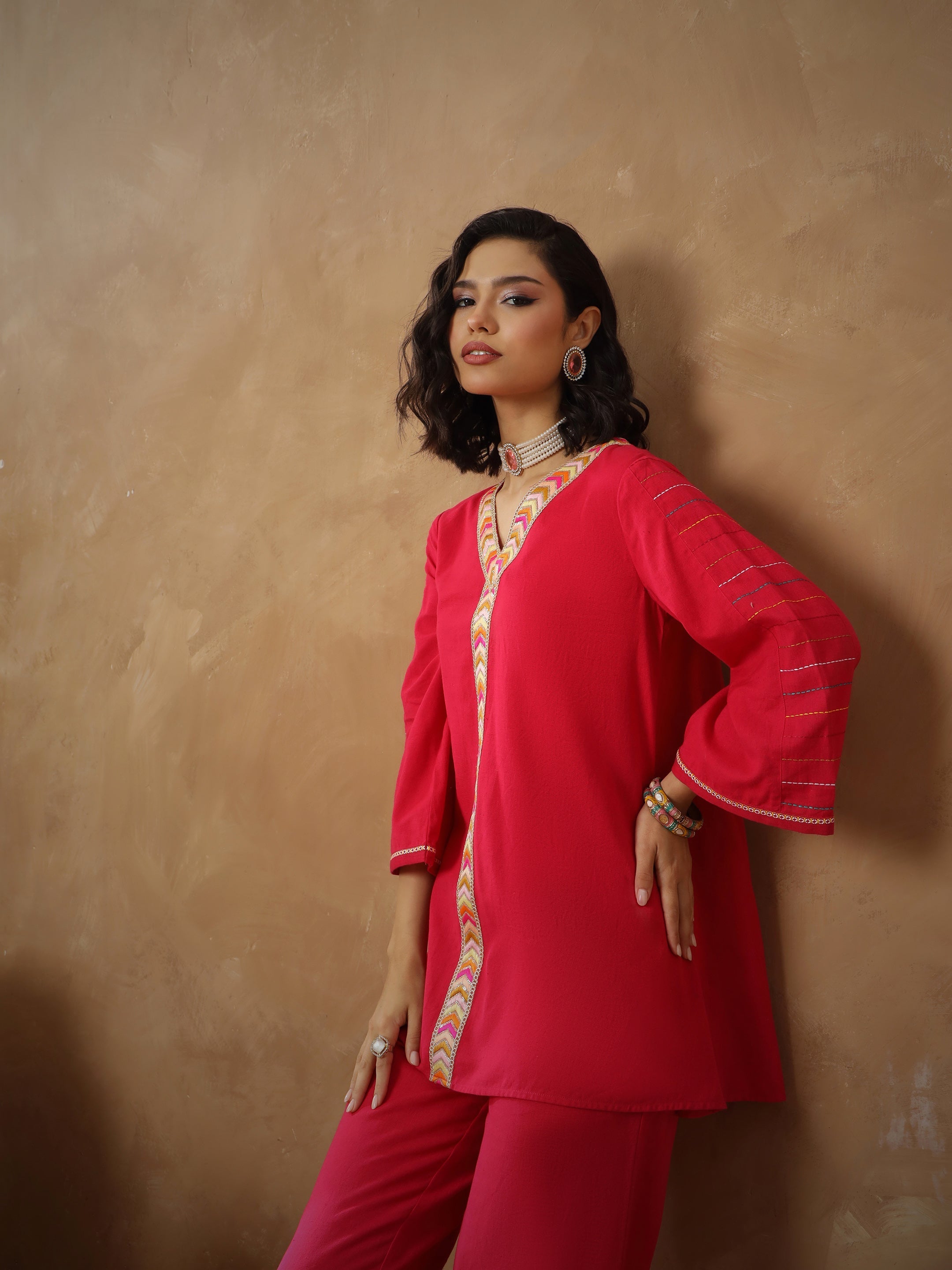 Women Fuchsia Embroidered A-Line Top With Straight Pants-SHSET96539