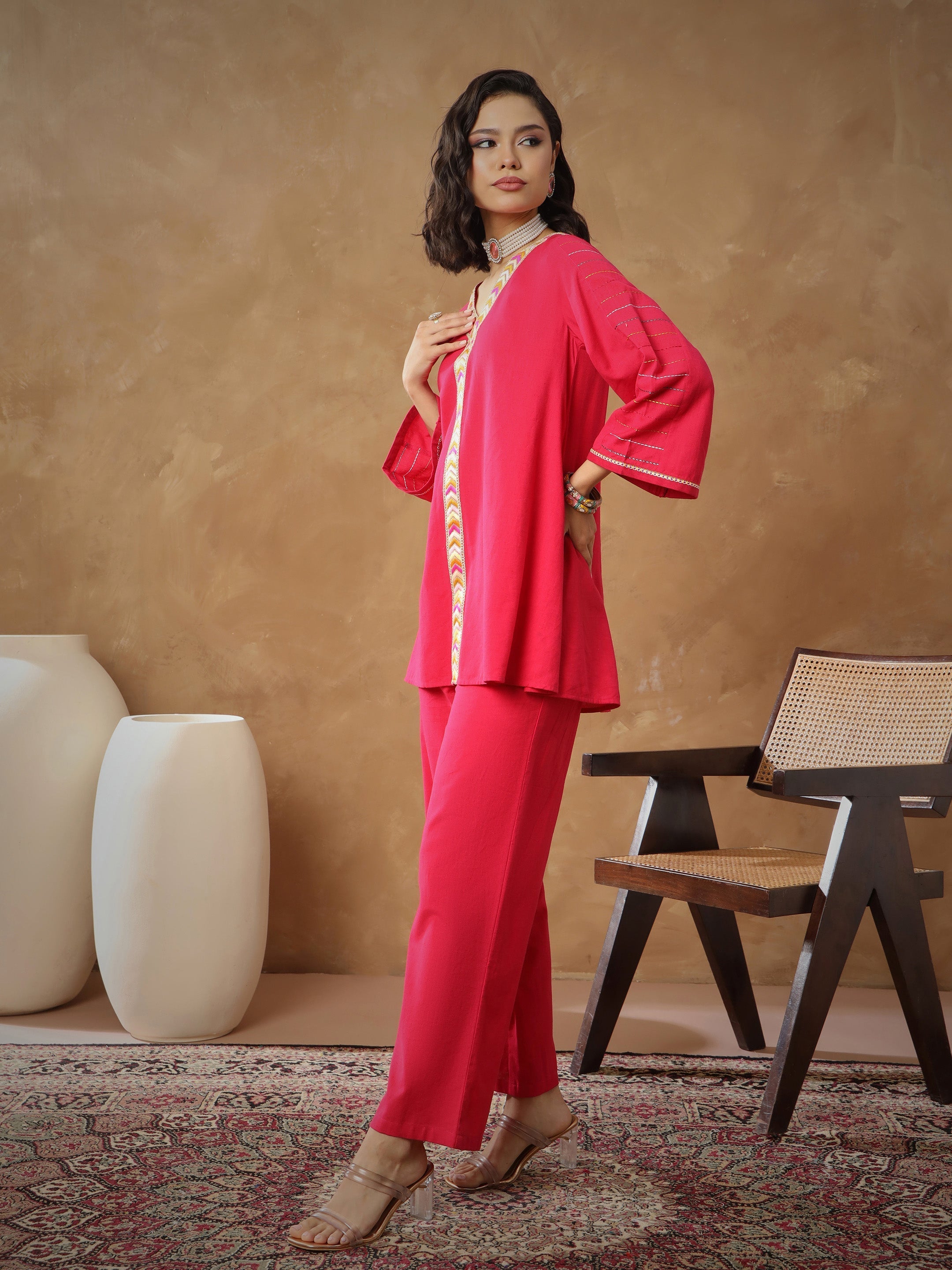 Women Fuchsia Embroidered A-Line Top With Straight Pants-SHSET96539