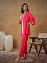 Women Fuchsia Embroidered A-Line Top With Straight Pants-SHSET96539