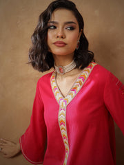Women Fuchsia Embroidered A-Line Top With Straight Pants-SHSET96539