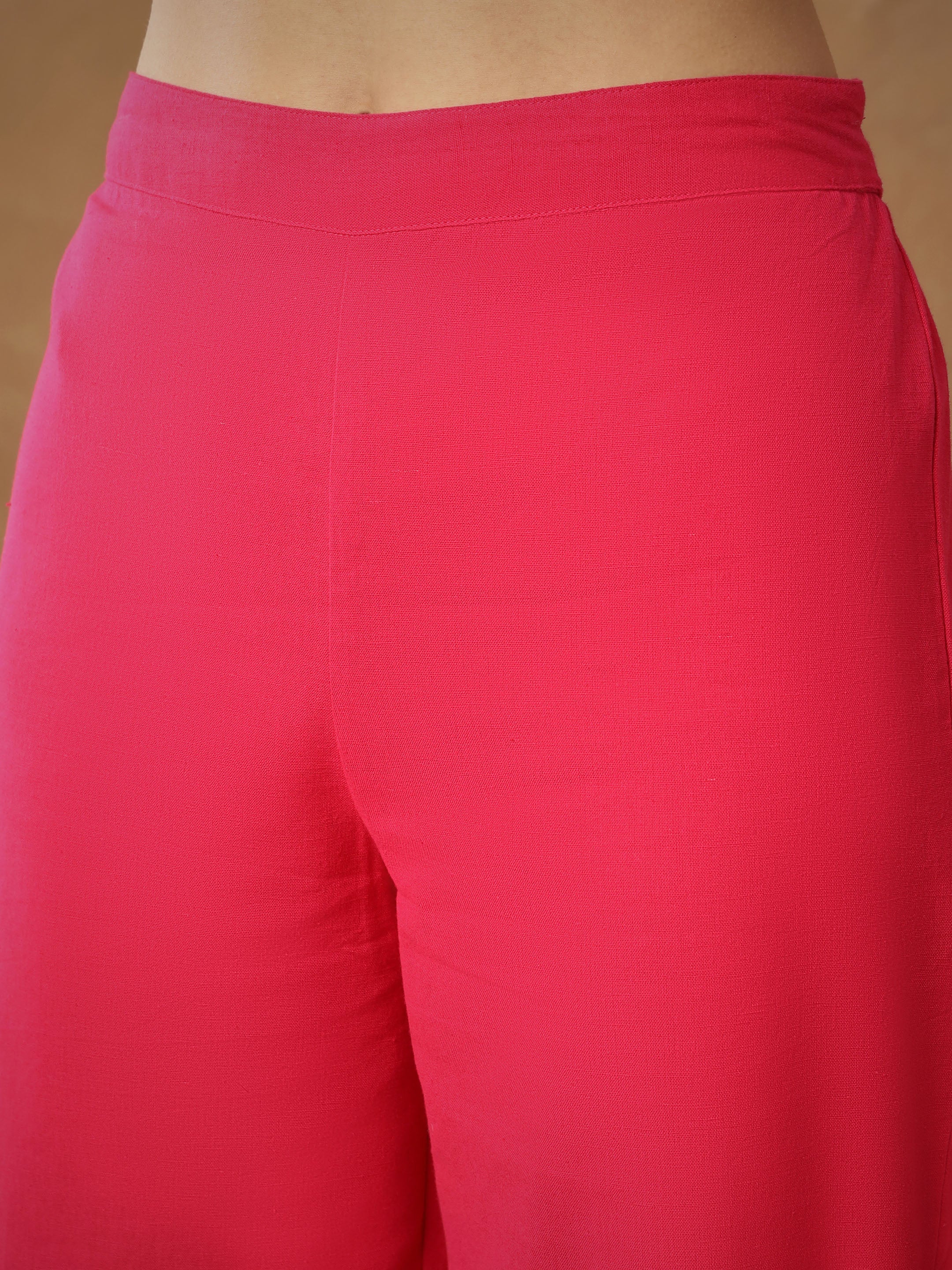 Women Fuchsia Embroidered A-Line Top With Straight Pants-SHSET96539