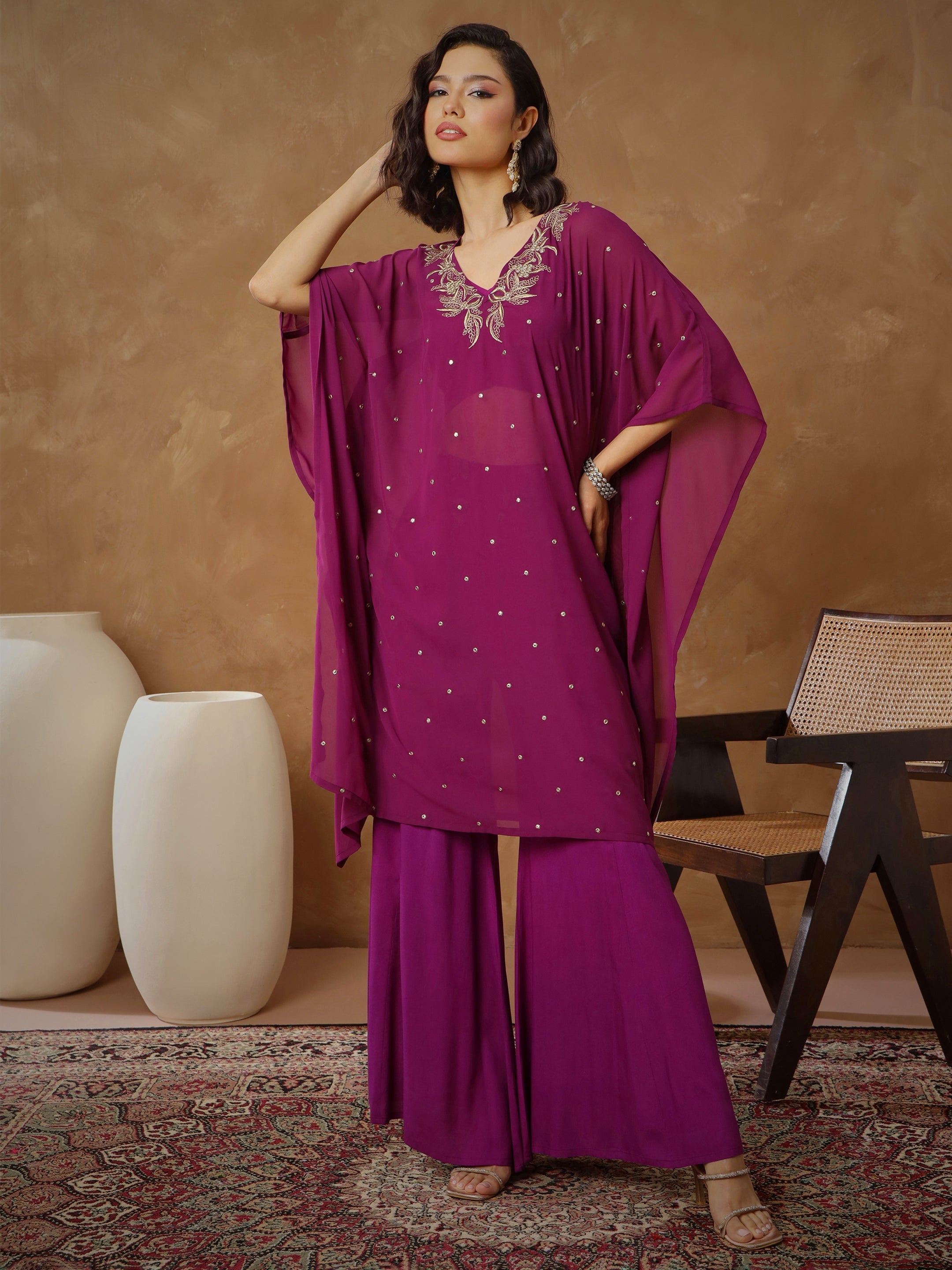 Women Purple Embroidered Kaftan With Cami & Flared Pants-SHSET96540