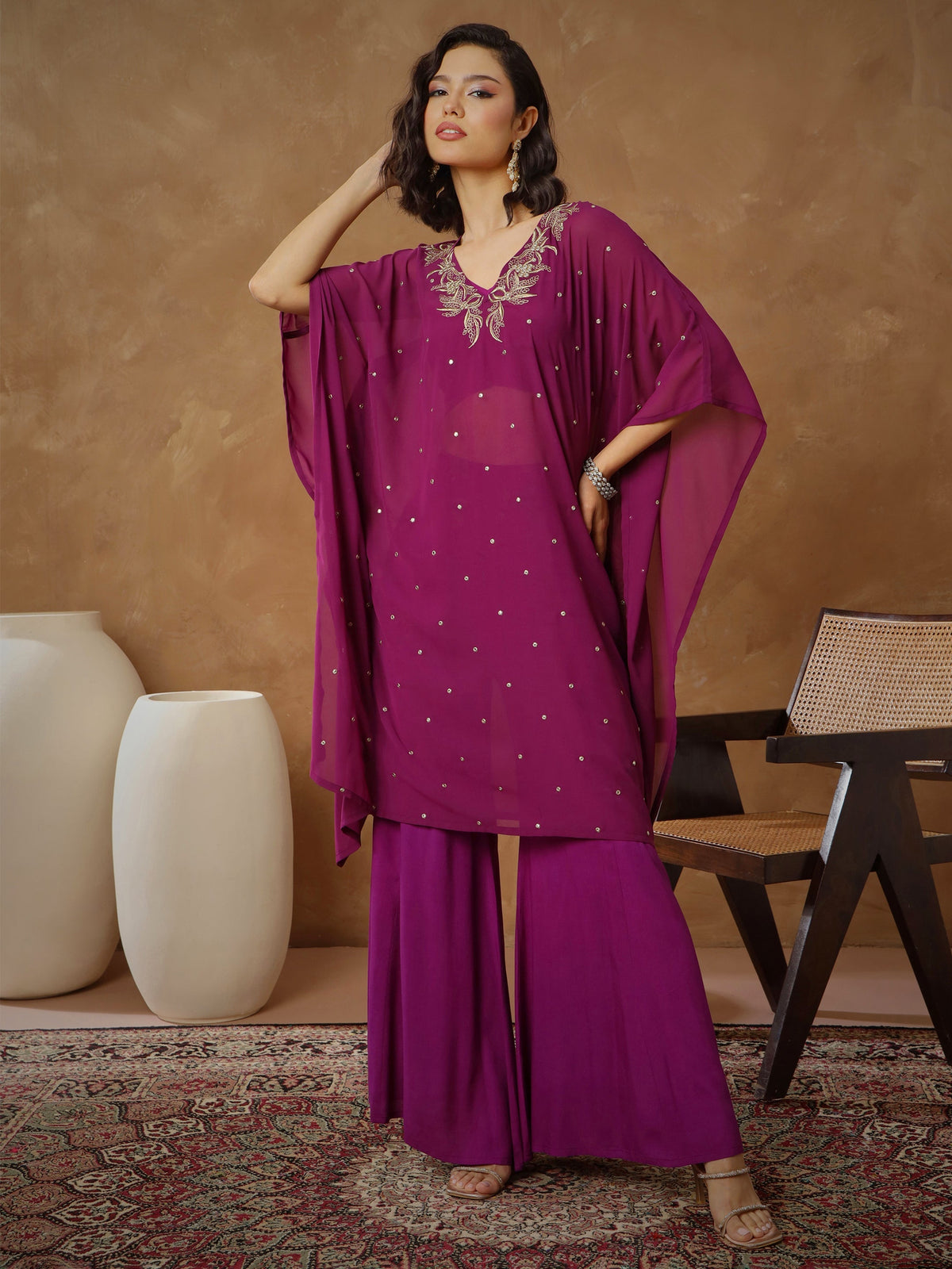 Women Purple Embroidered Kaftan With Cami & Flared Pants-SHSET96540