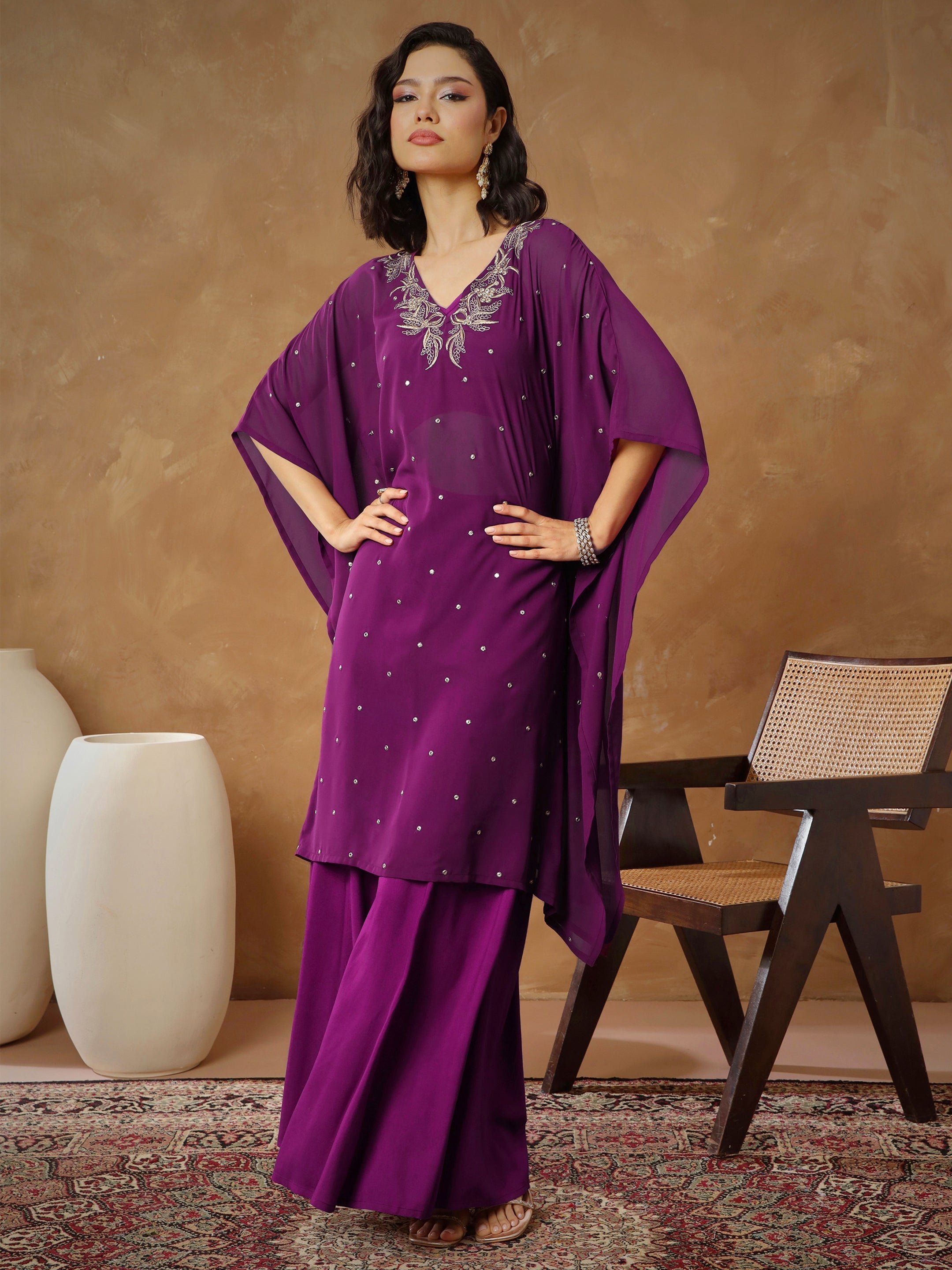 Women Purple Embroidered Kaftan With Cami & Flared Pants-SHSET96540