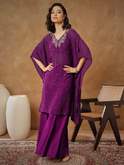 Women Purple Embroidered Kaftan With Cami & Flared Pants-SHSET96540