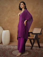 Women Purple Embroidered Kaftan With Cami & Flared Pants-SHSET96540