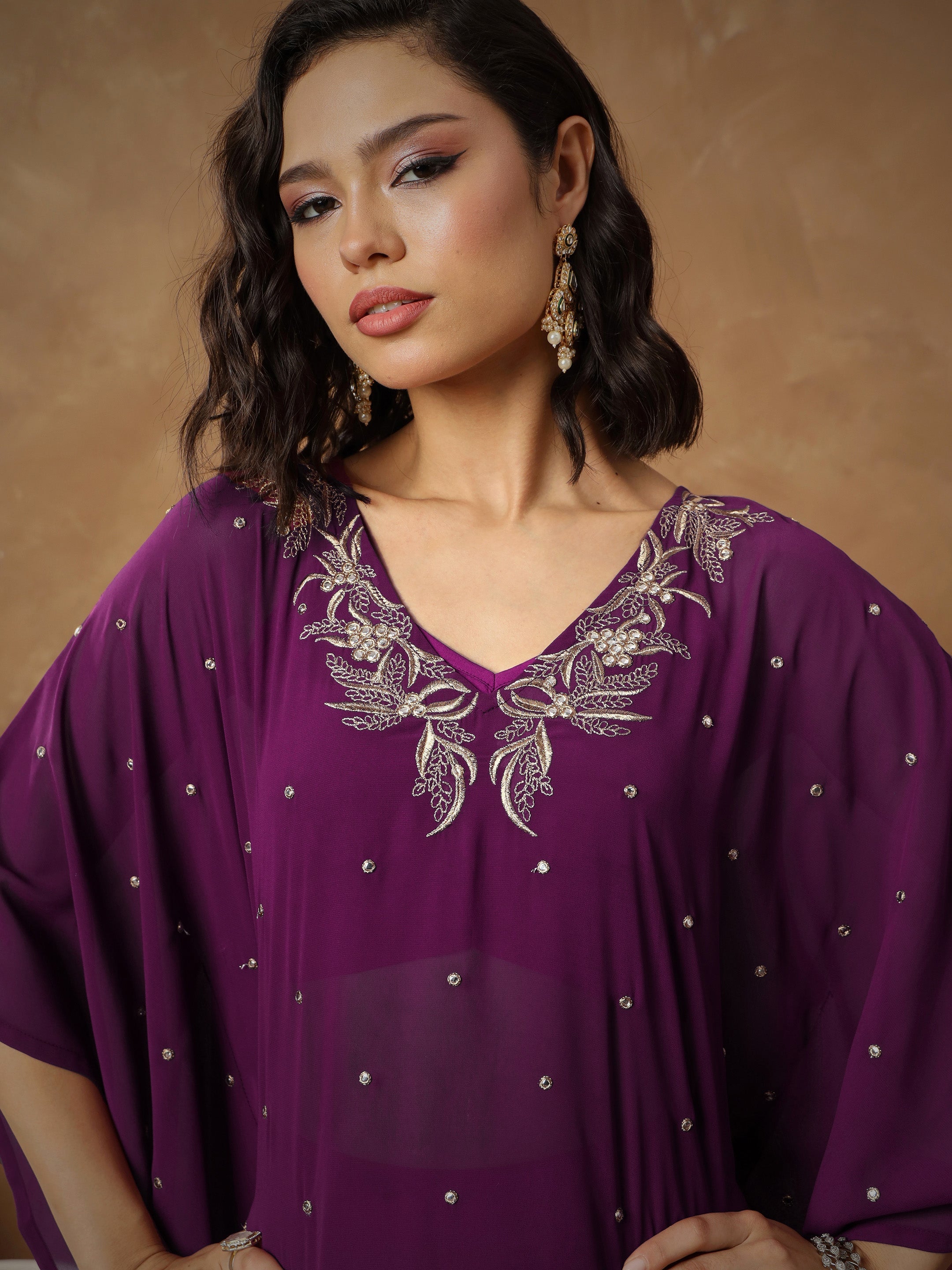 Women Purple Embroidered Kaftan With Cami & Flared Pants-SHSET96540