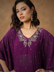 Women Purple Embroidered Kaftan With Cami & Flared Pants-SHSET96540