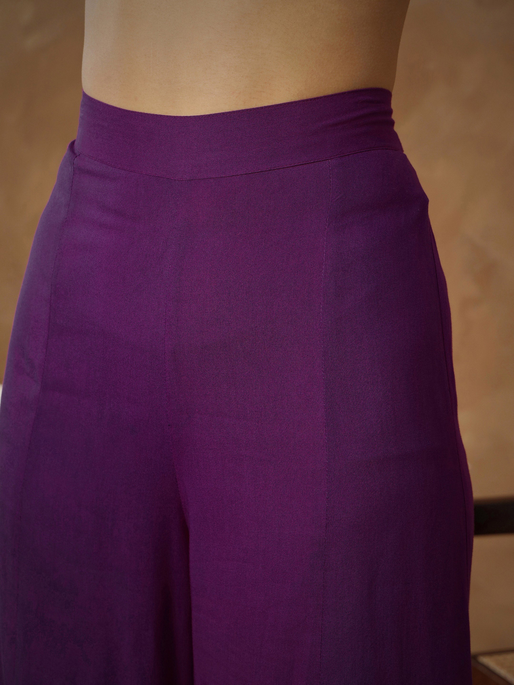 Women Purple Embroidered Kaftan With Cami & Flared Pants-SHSET96540
