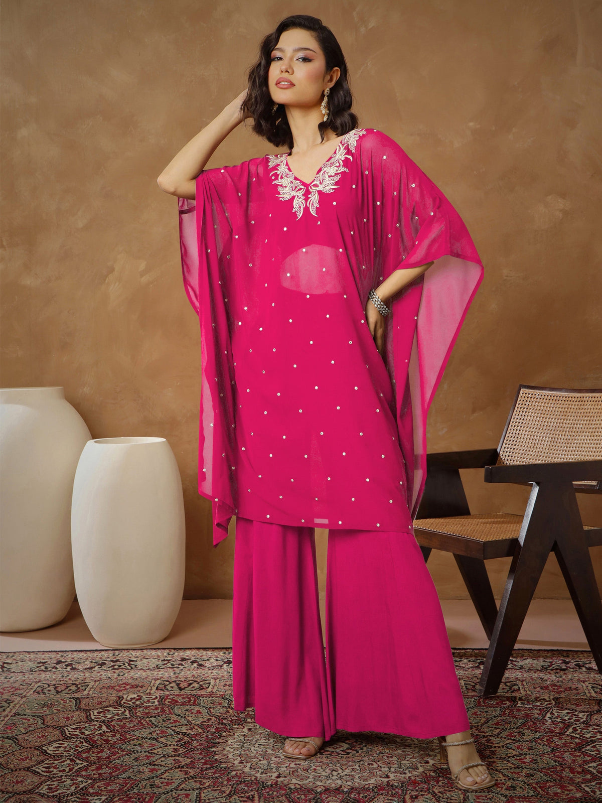 Women Fuchsia Embroidered Kaftan With Cami & Flared Pants-SHSET96541