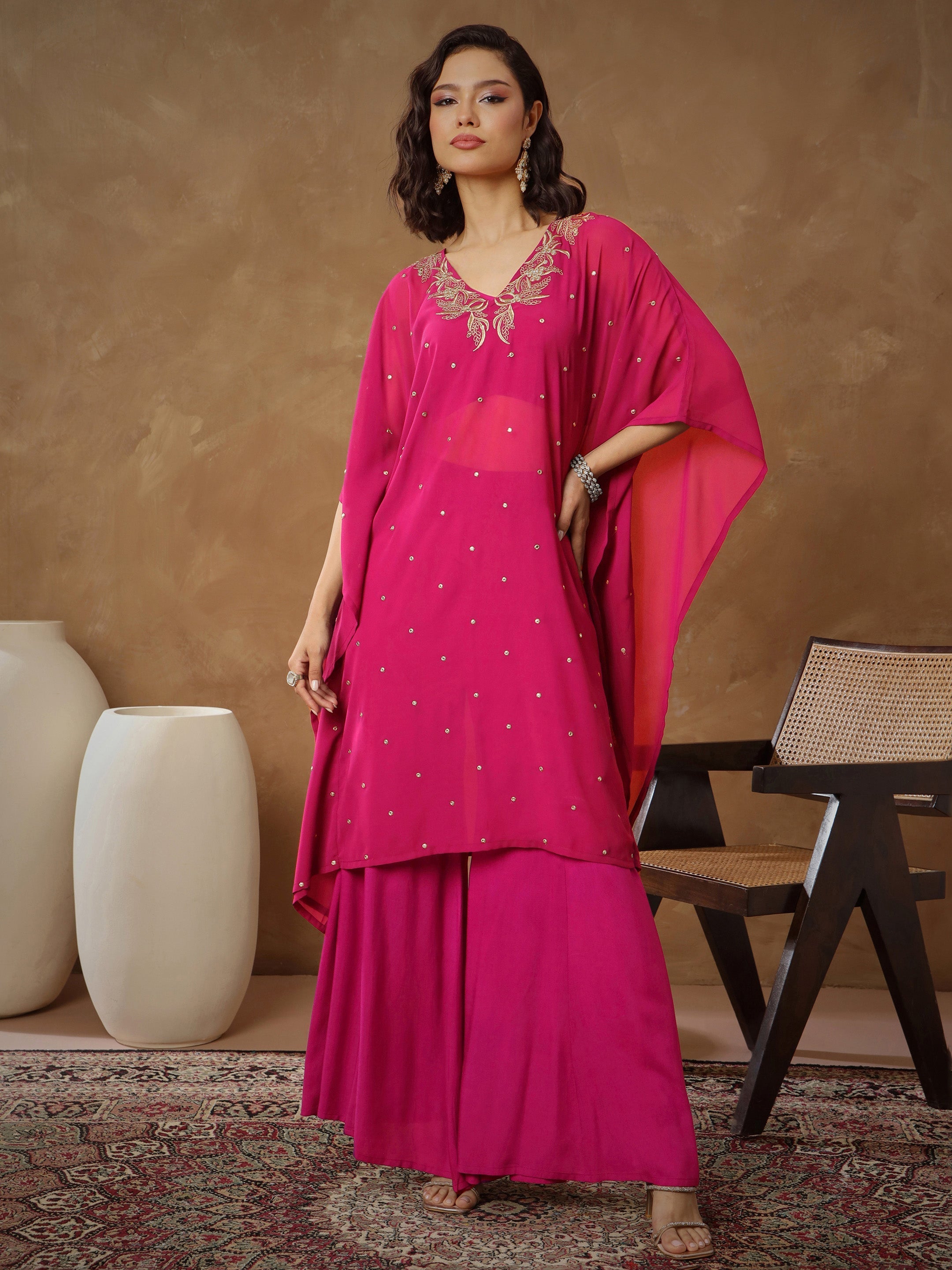 Women Fuchsia Embroidered Kaftan With Cami & Flared Pants-SHSET96541
