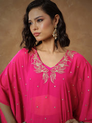 Women Fuchsia Embroidered Kaftan With Cami & Flared Pants-SHSET96541