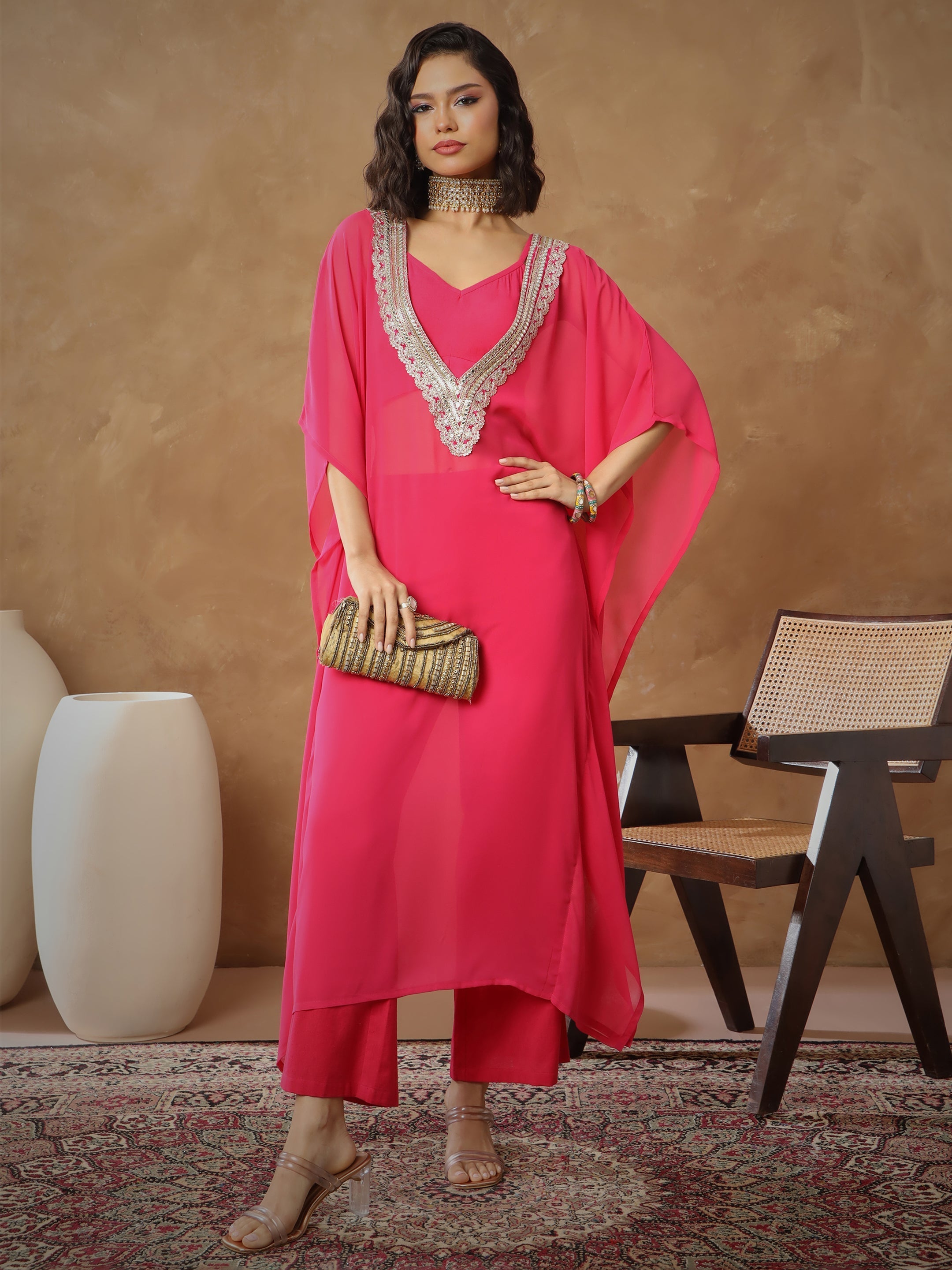 Women Fuchsia Embroidered Kaftan With Cami & Straight Pants-SHSET96542