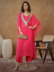 Women Fuchsia Embroidered Kaftan With Cami & Straight Pants-SHSET96542