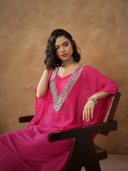 Women Fuchsia Embroidered Kaftan With Cami & Straight Pants-SHSET96542