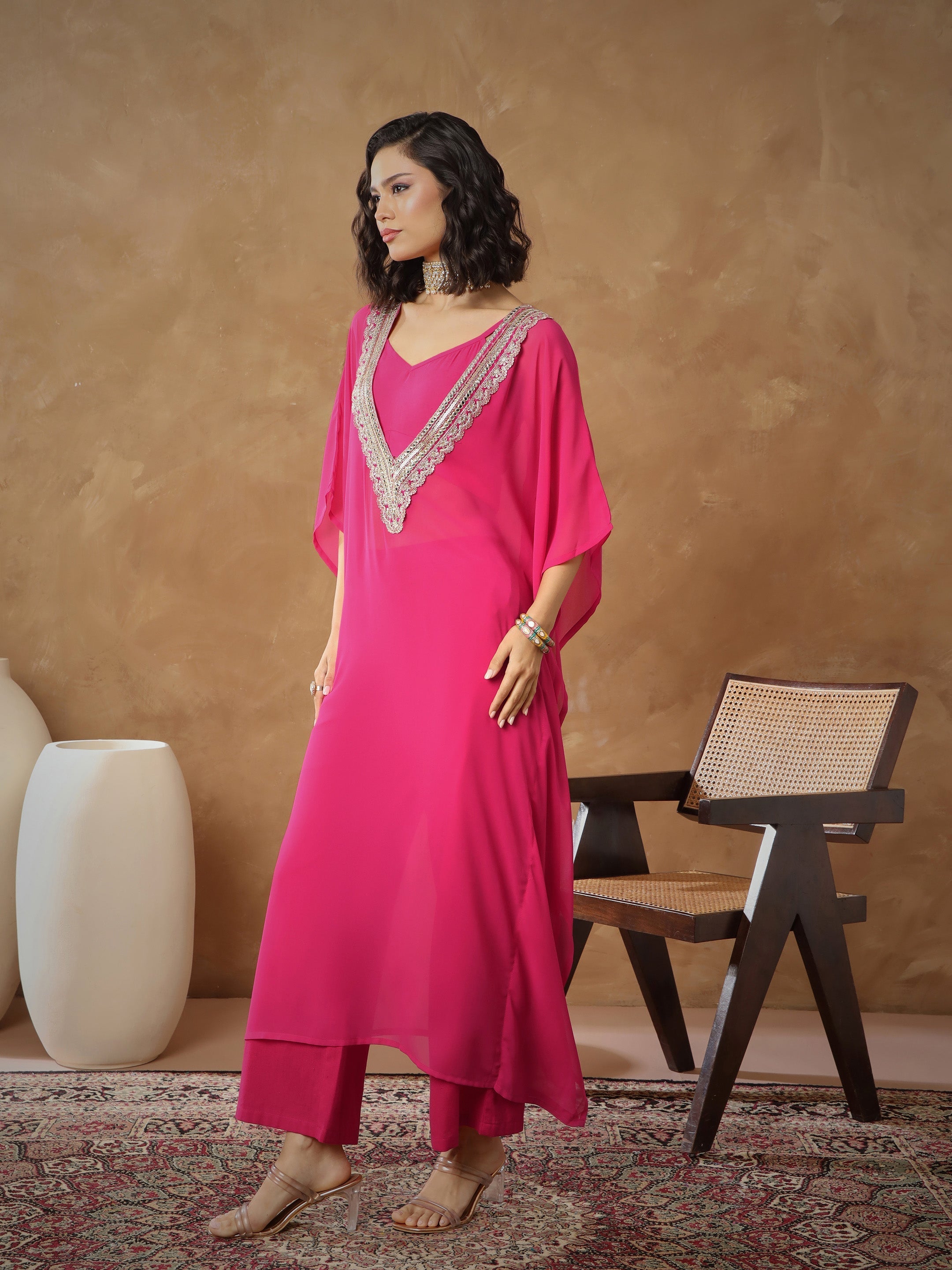 Women Fuchsia Embroidered Kaftan With Cami & Straight Pants-SHSET96542