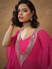 Women Fuchsia Embroidered Kaftan With Cami & Straight Pants-SHSET96542