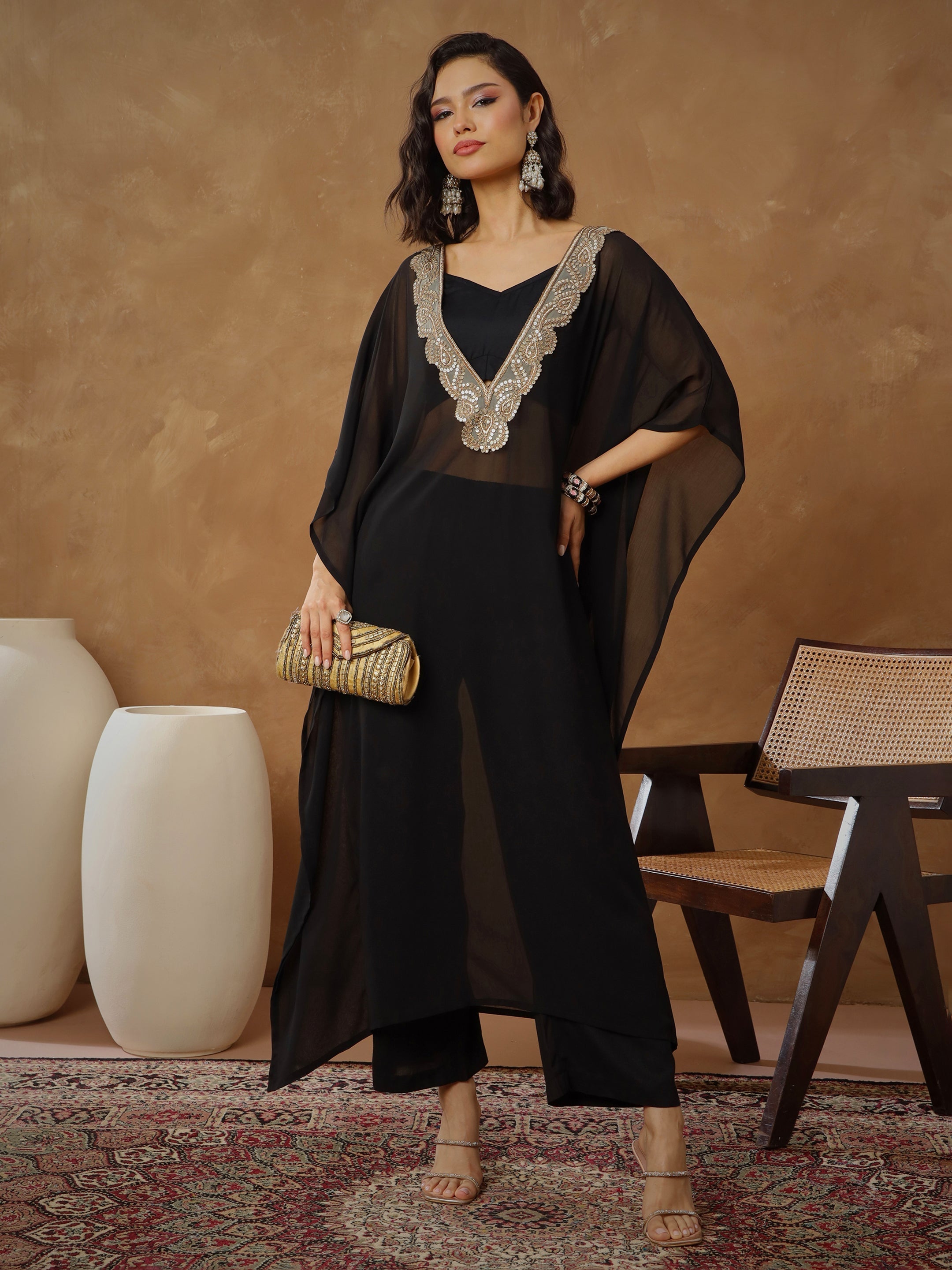 Women Black Embroidered Kaftan With Cami & Straight Pants-SHSET96543