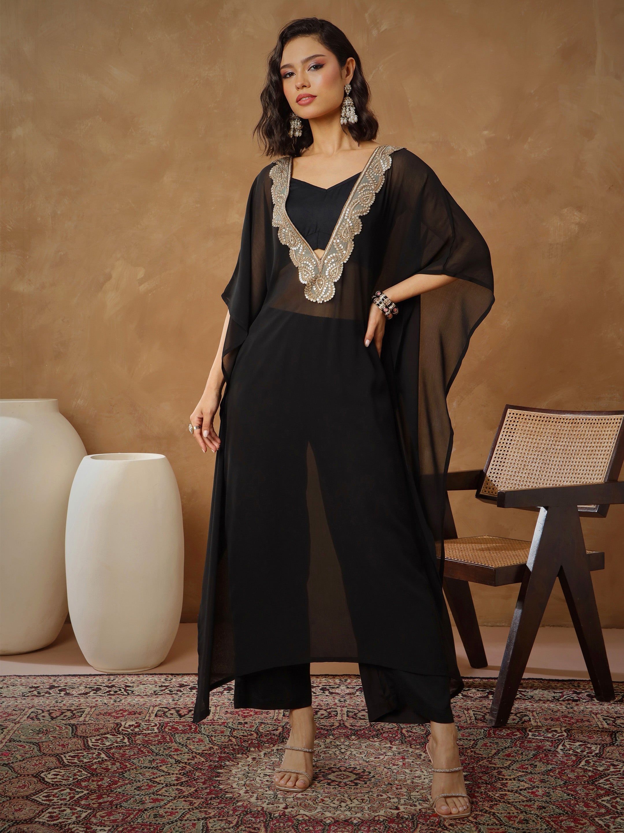 Women Black Embroidered Kaftan With Cami & Straight Pants-SHSET96543
