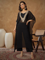 Women Black Embroidered Kaftan With Cami & Straight Pants-SHSET96543