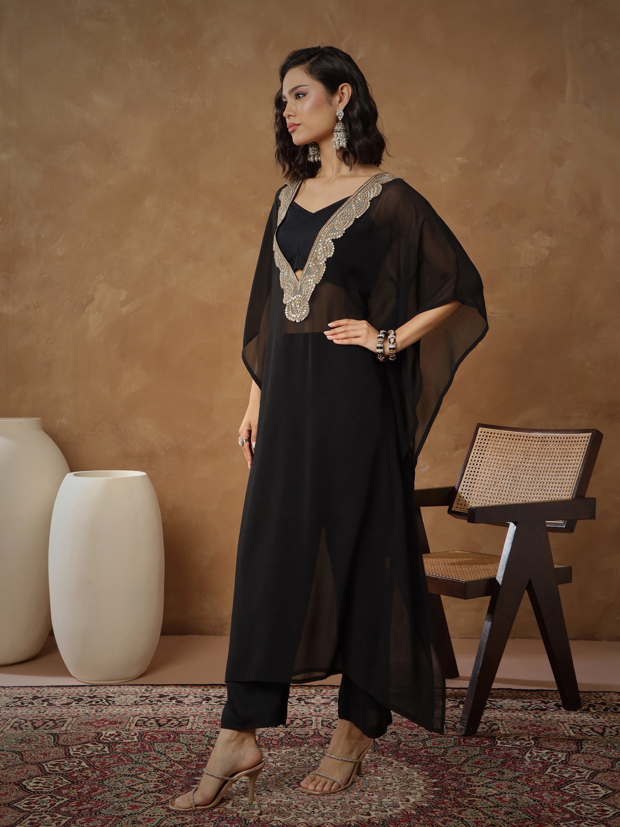 Women Black Embroidered Kaftan With Cami & Straight Pants-SHSET96543