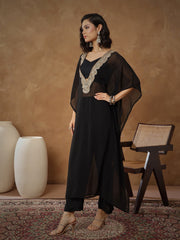 Women Black Embroidered Kaftan With Cami & Straight Pants-SHSET96543