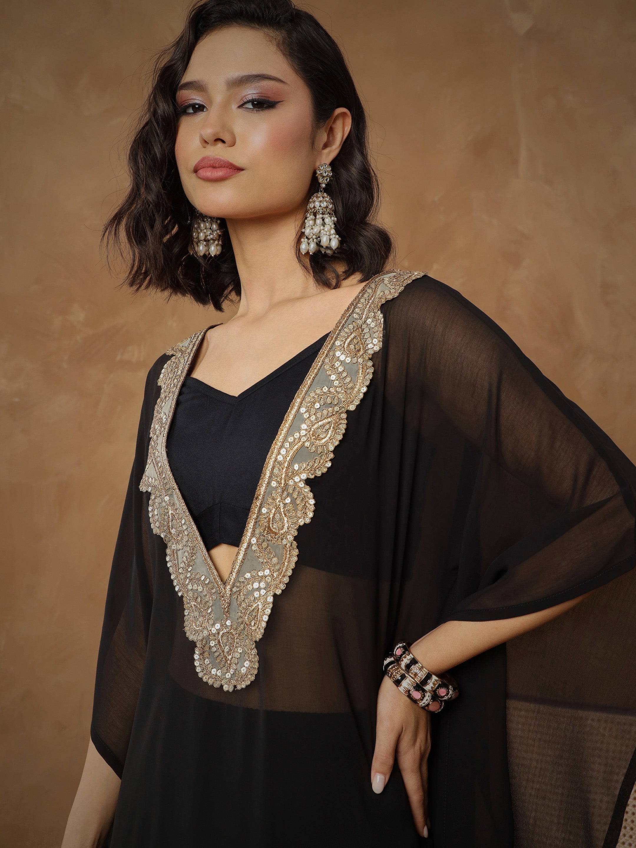 Women Black Embroidered Kaftan With Cami & Straight Pants-SHSET96543
