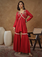 Women Maroon Embroidered Peplum Kurta With Sharara Pants-SHSET96544