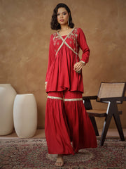 Women Maroon Embroidered Peplum Kurta With Sharara Pants-SHSET96544