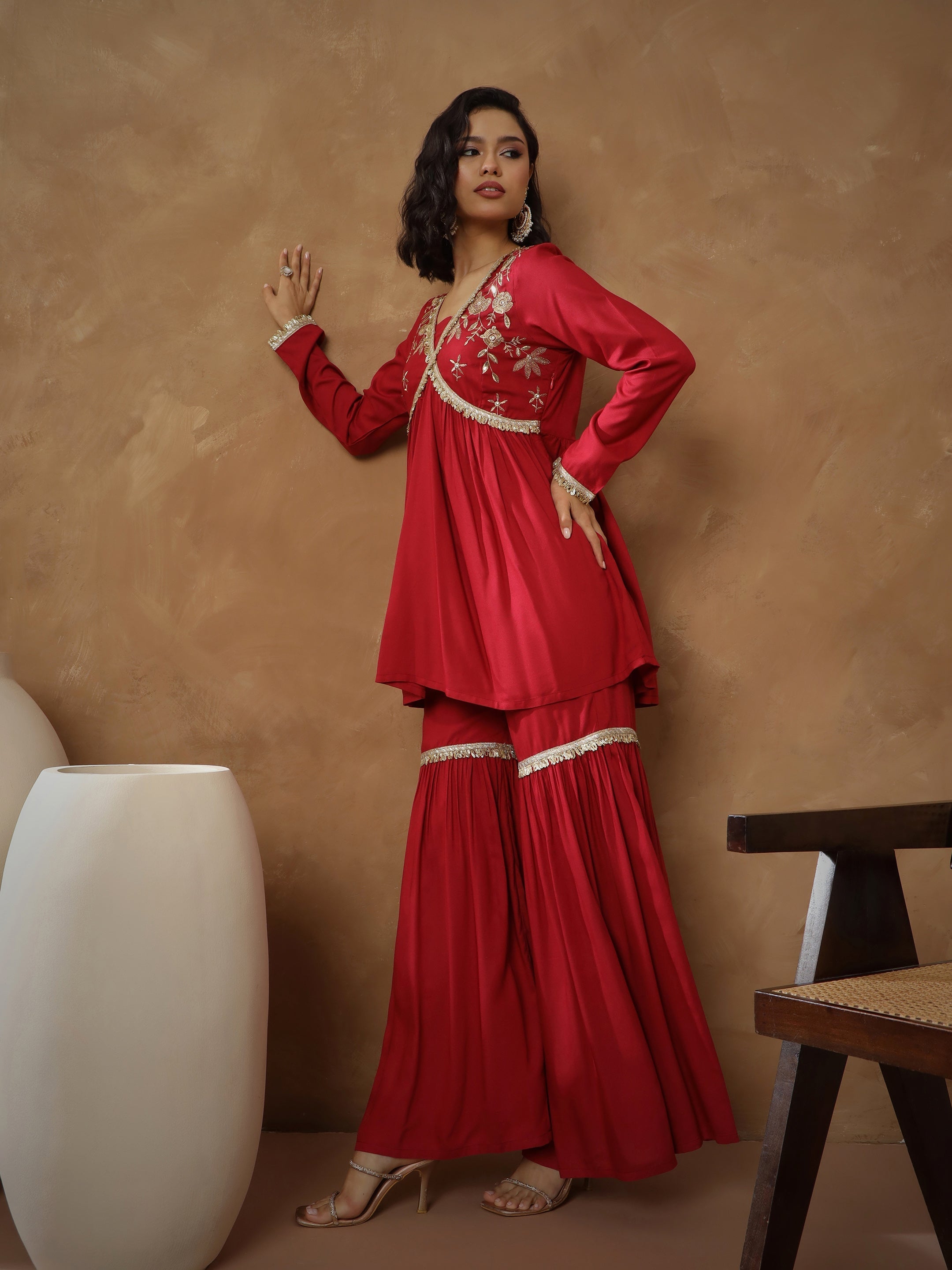 Women Maroon Embroidered Peplum Kurta With Sharara Pants-SHSET96544