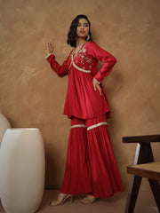 Women Maroon Embroidered Peplum Kurta With Sharara Pants-SHSET96544