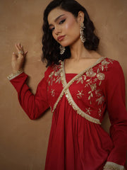 Women Maroon Embroidered Peplum Kurta With Sharara Pants-SHSET96544