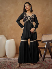 Women Black Embroidered Peplum Kurta With Sharara Pants-SHSET96545