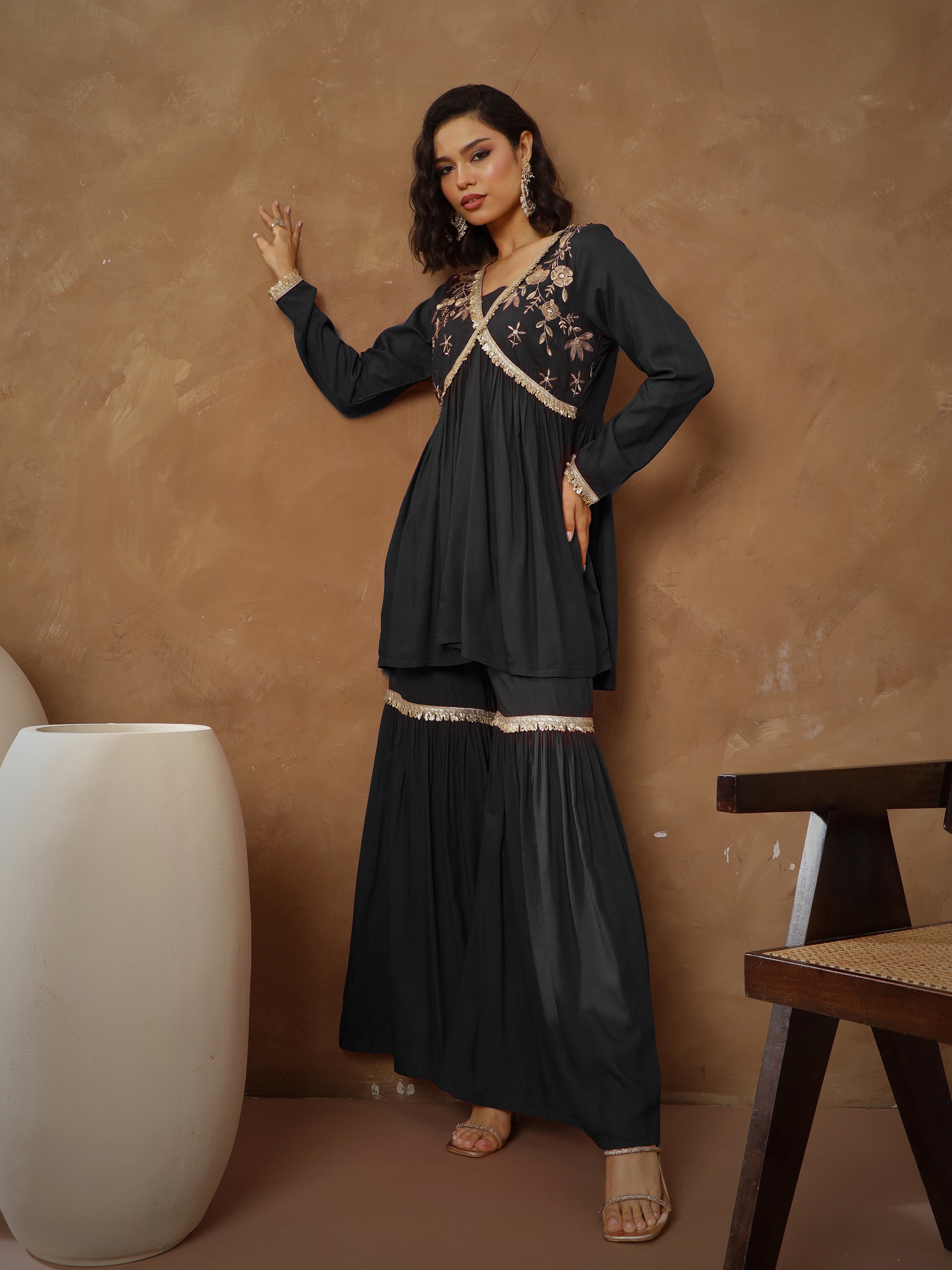 Women Black Embroidered Peplum Kurta With Sharara Pants-SHSET96545