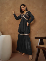 Women Black Embroidered Peplum Kurta With Sharara Pants-SHSET96545