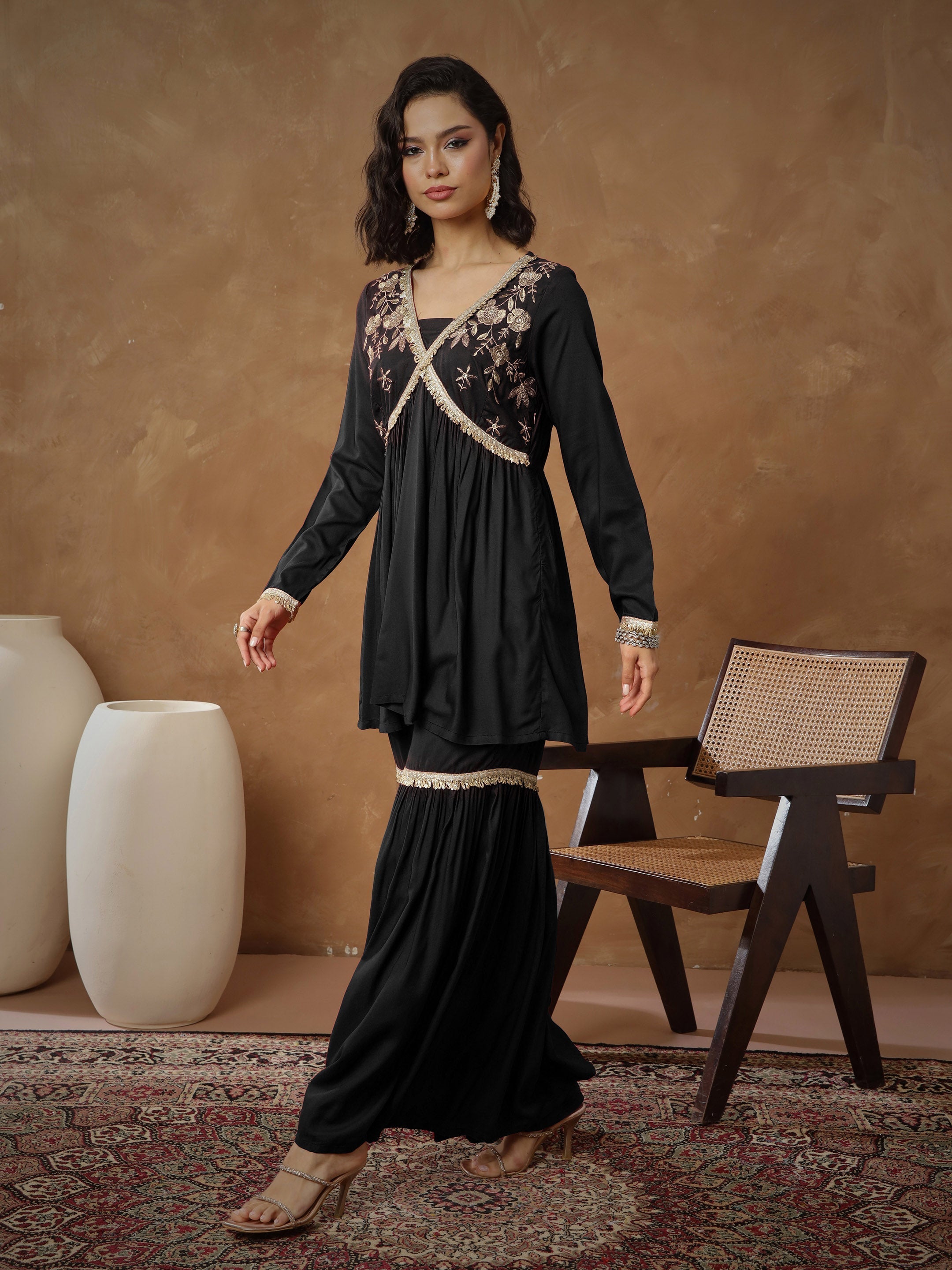 Women Black Embroidered Peplum Kurta With Sharara Pants-SHSET96545