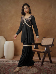 Women Black Embroidered Peplum Kurta With Sharara Pants-SHSET96545