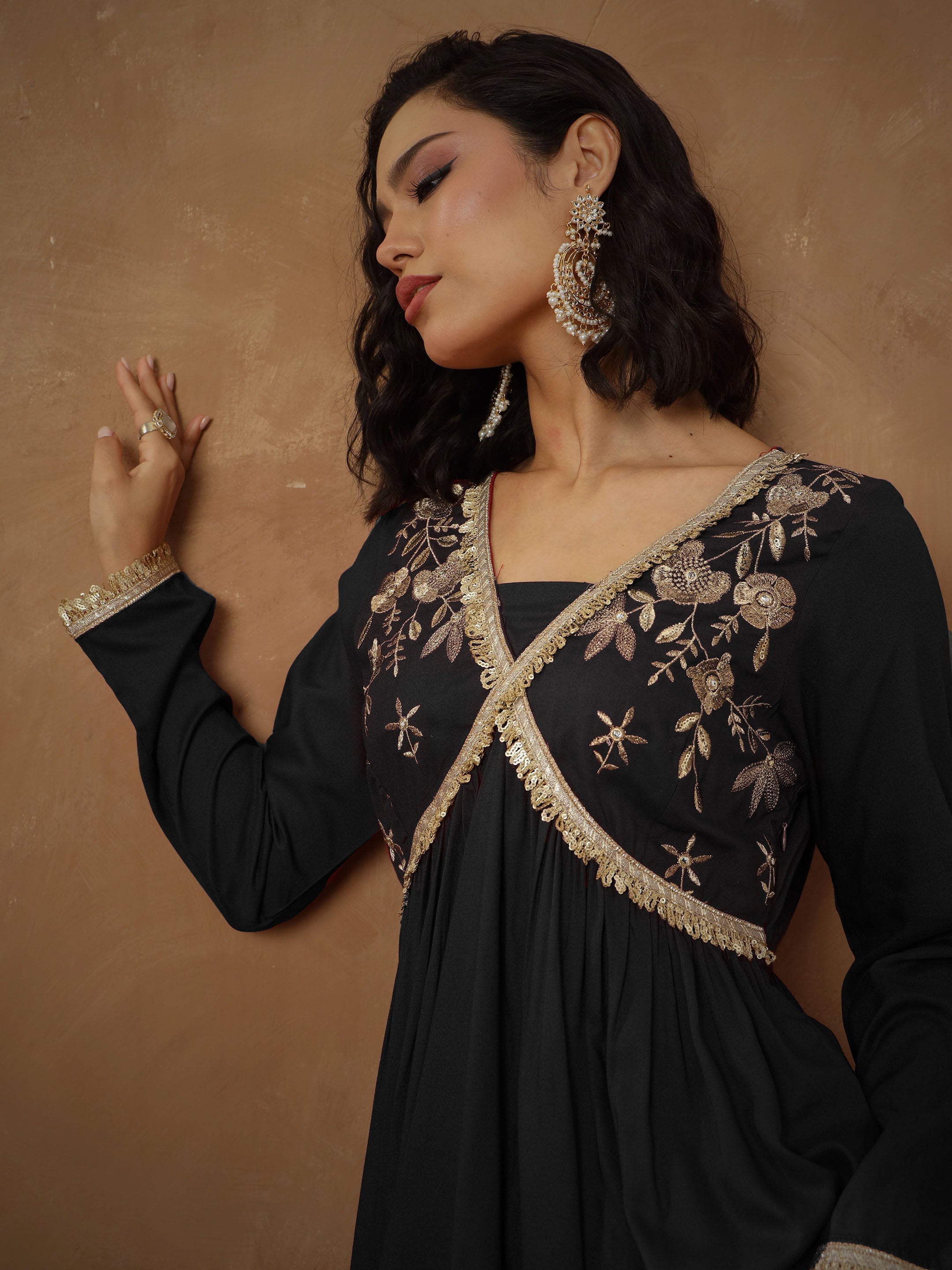 Women Black Embroidered Peplum Kurta With Sharara Pants-SHSET96545