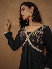 Women Black Embroidered Peplum Kurta With Sharara Pants-SHSET96545