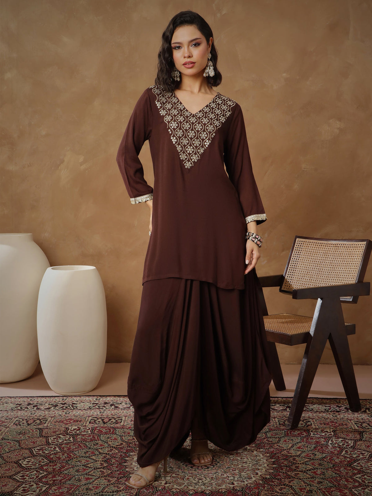Women Brown Embroidered Short Kurta With Dhoti Skirt-SHSET96546
